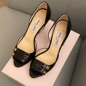 Jimmy Choo Black Patent Leather Open-Toe Pumps with Gold Accents